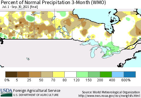 Canada Percent of Normal Precipitation 3-Month (WMO) Thematic Map For 7/1/2021 - 9/30/2021