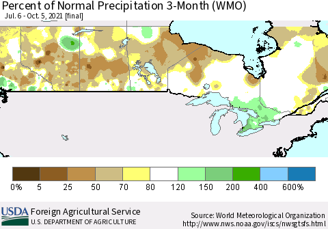 Canada Percent of Normal Precipitation 3-Month (WMO) Thematic Map For 7/6/2021 - 10/5/2021
