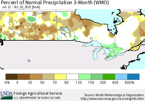 Canada Percent of Normal Precipitation 3-Month (WMO) Thematic Map For 7/11/2021 - 10/10/2021