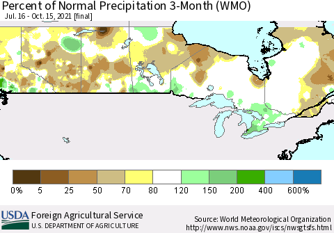 Canada Percent of Normal Precipitation 3-Month (WMO) Thematic Map For 7/16/2021 - 10/15/2021