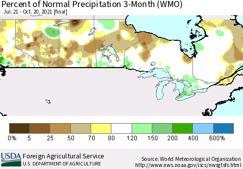 Canada Percent of Normal Precipitation 3-Month (WMO) Thematic Map For 7/21/2021 - 10/20/2021