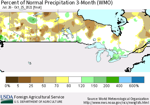 Canada Percent of Normal Precipitation 3-Month (WMO) Thematic Map For 7/26/2021 - 10/25/2021