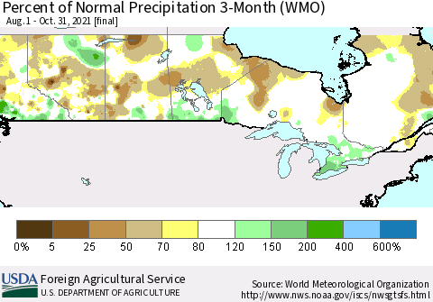 Canada Percent of Normal Precipitation 3-Month (WMO) Thematic Map For 8/1/2021 - 10/31/2021