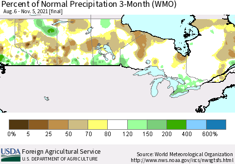 Canada Percent of Normal Precipitation 3-Month (WMO) Thematic Map For 8/6/2021 - 11/5/2021
