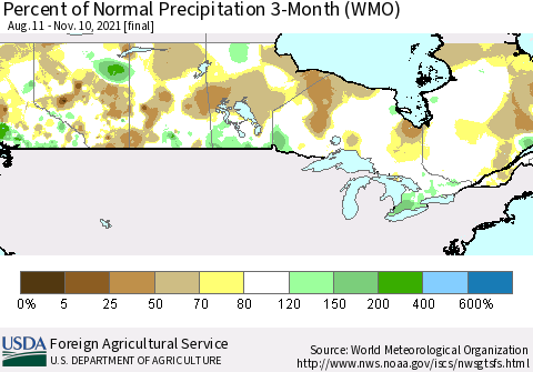 Canada Percent of Normal Precipitation 3-Month (WMO) Thematic Map For 8/11/2021 - 11/10/2021