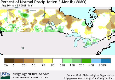 Canada Percent of Normal Precipitation 3-Month (WMO) Thematic Map For 8/16/2021 - 11/15/2021