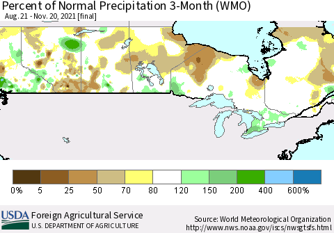 Canada Percent of Normal Precipitation 3-Month (WMO) Thematic Map For 8/21/2021 - 11/20/2021