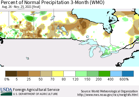 Canada Percent of Normal Precipitation 3-Month (WMO) Thematic Map For 8/26/2021 - 11/25/2021