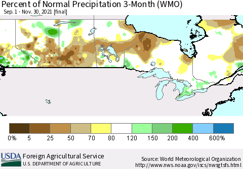 Canada Percent of Normal Precipitation 3-Month (WMO) Thematic Map For 9/1/2021 - 11/30/2021