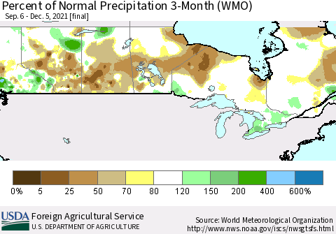 Canada Percent of Normal Precipitation 3-Month (WMO) Thematic Map For 9/6/2021 - 12/5/2021