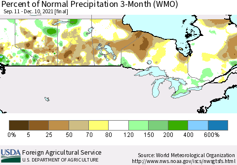Canada Percent of Normal Precipitation 3-Month (WMO) Thematic Map For 9/11/2021 - 12/10/2021