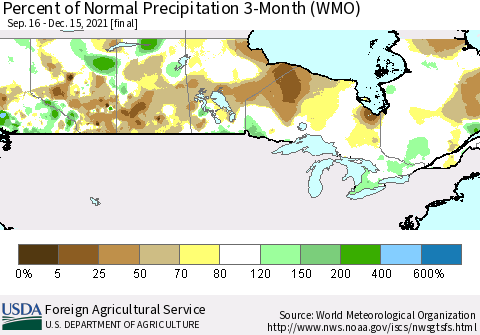 Canada Percent of Normal Precipitation 3-Month (WMO) Thematic Map For 9/16/2021 - 12/15/2021