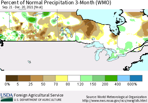 Canada Percent of Normal Precipitation 3-Month (WMO) Thematic Map For 9/21/2021 - 12/20/2021