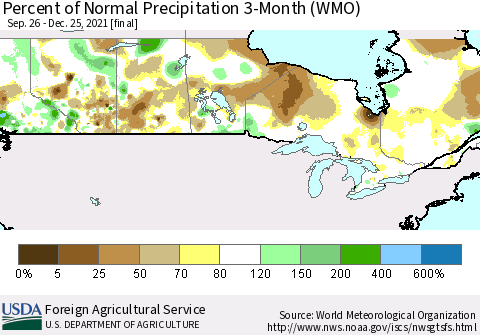 Canada Percent of Normal Precipitation 3-Month (WMO) Thematic Map For 9/26/2021 - 12/25/2021