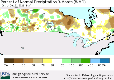 Canada Percent of Normal Precipitation 3-Month (WMO) Thematic Map For 10/1/2021 - 12/31/2021