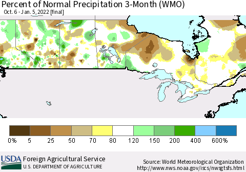 Canada Percent of Normal Precipitation 3-Month (WMO) Thematic Map For 10/6/2021 - 1/5/2022