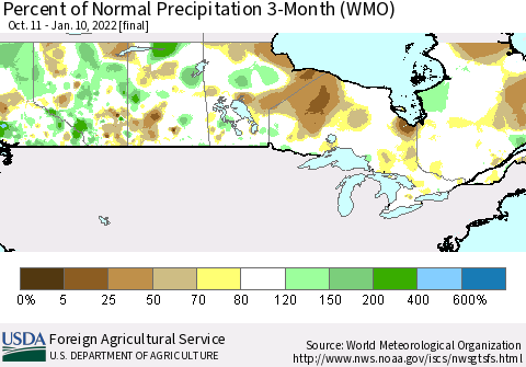 Canada Percent of Normal Precipitation 3-Month (WMO) Thematic Map For 10/11/2021 - 1/10/2022
