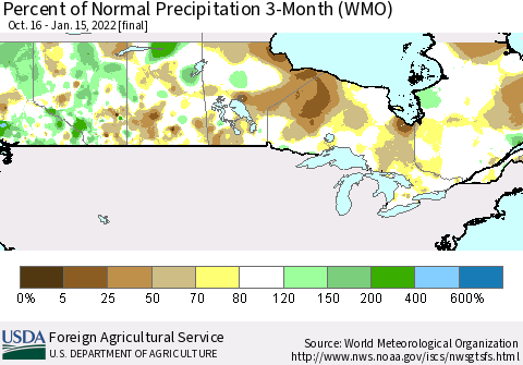 Canada Percent of Normal Precipitation 3-Month (WMO) Thematic Map For 10/16/2021 - 1/15/2022