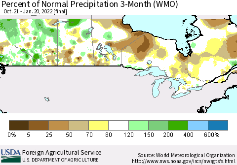 Canada Percent of Normal Precipitation 3-Month (WMO) Thematic Map For 10/21/2021 - 1/20/2022