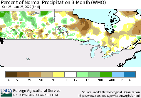 Canada Percent of Normal Precipitation 3-Month (WMO) Thematic Map For 10/26/2021 - 1/25/2022