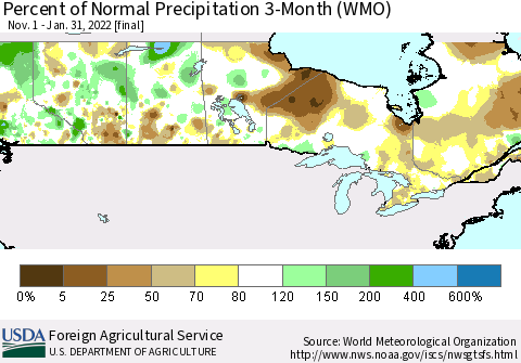 Canada Percent of Normal Precipitation 3-Month (WMO) Thematic Map For 11/1/2021 - 1/31/2022