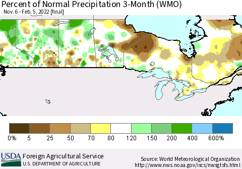 Canada Percent of Normal Precipitation 3-Month (WMO) Thematic Map For 11/6/2021 - 2/5/2022