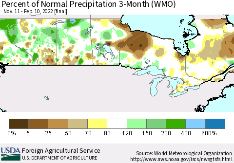 Canada Percent of Normal Precipitation 3-Month (WMO) Thematic Map For 11/11/2021 - 2/10/2022