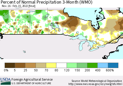 Canada Percent of Normal Precipitation 3-Month (WMO) Thematic Map For 11/16/2021 - 2/15/2022