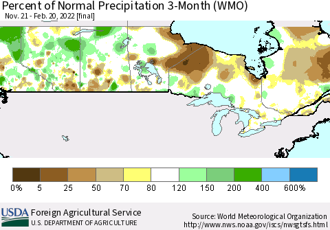 Canada Percent of Normal Precipitation 3-Month (WMO) Thematic Map For 11/21/2021 - 2/20/2022