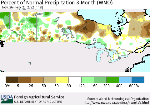 Canada Percent of Normal Precipitation 3-Month (WMO) Thematic Map For 11/26/2021 - 2/25/2022