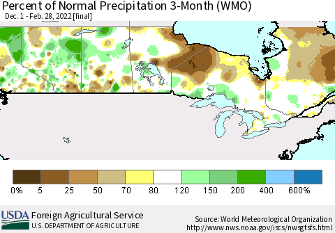 Canada Percent of Normal Precipitation 3-Month (WMO) Thematic Map For 12/1/2021 - 2/28/2022
