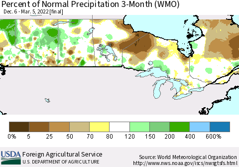 Canada Percent of Normal Precipitation 3-Month (WMO) Thematic Map For 12/6/2021 - 3/5/2022