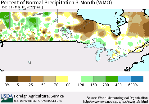 Canada Percent of Normal Precipitation 3-Month (WMO) Thematic Map For 12/11/2021 - 3/10/2022