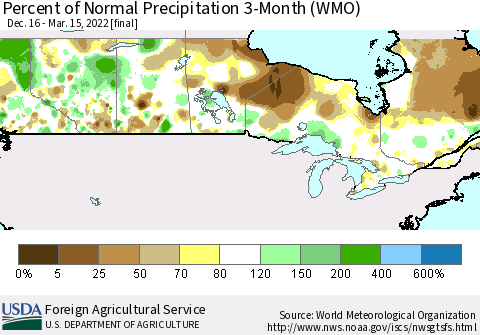 Canada Percent of Normal Precipitation 3-Month (WMO) Thematic Map For 12/16/2021 - 3/15/2022