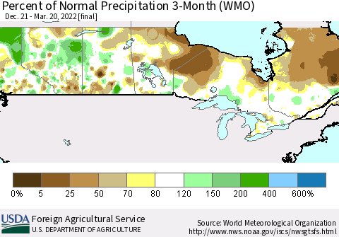Canada Percent of Normal Precipitation 3-Month (WMO) Thematic Map For 12/21/2021 - 3/20/2022