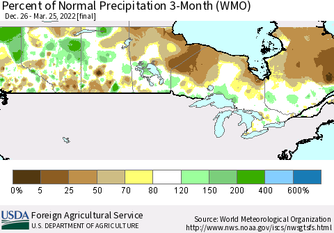 Canada Percent of Normal Precipitation 3-Month (WMO) Thematic Map For 12/26/2021 - 3/25/2022