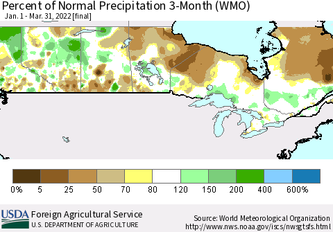 Canada Percent of Normal Precipitation 3-Month (WMO) Thematic Map For 1/1/2022 - 3/31/2022
