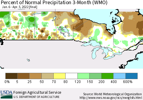Canada Percent of Normal Precipitation 3-Month (WMO) Thematic Map For 1/6/2022 - 4/5/2022