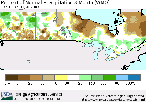 Canada Percent of Normal Precipitation 3-Month (WMO) Thematic Map For 1/11/2022 - 4/10/2022