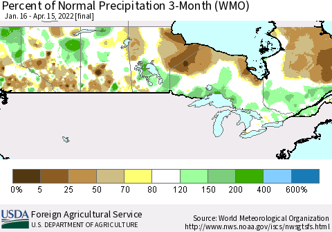 Canada Percent of Normal Precipitation 3-Month (WMO) Thematic Map For 1/16/2022 - 4/15/2022