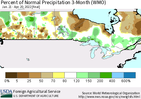 Canada Percent of Normal Precipitation 3-Month (WMO) Thematic Map For 1/21/2022 - 4/20/2022