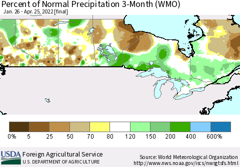 Canada Percent of Normal Precipitation 3-Month (WMO) Thematic Map For 1/26/2022 - 4/25/2022