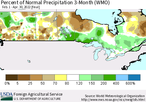 Canada Percent of Normal Precipitation 3-Month (WMO) Thematic Map For 2/1/2022 - 4/30/2022