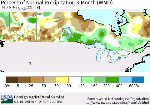 Canada Percent of Normal Precipitation 3-Month (WMO) Thematic Map For 2/6/2022 - 5/5/2022