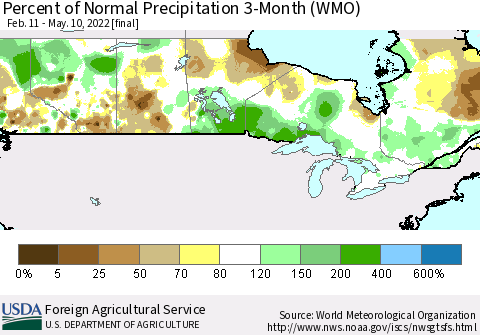 Canada Percent of Normal Precipitation 3-Month (WMO) Thematic Map For 2/11/2022 - 5/10/2022