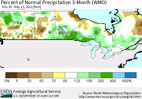 Canada Percent of Normal Precipitation 3-Month (WMO) Thematic Map For 2/16/2022 - 5/15/2022
