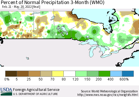 Canada Percent of Normal Precipitation 3-Month (WMO) Thematic Map For 2/21/2022 - 5/20/2022