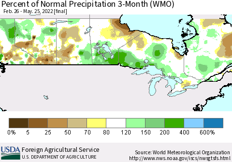 Canada Percent of Normal Precipitation 3-Month (WMO) Thematic Map For 2/26/2022 - 5/25/2022