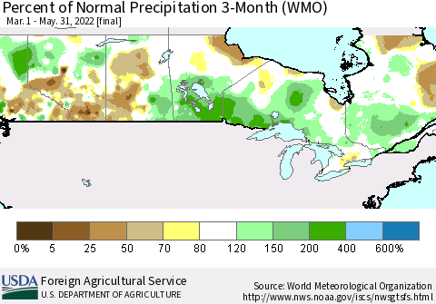 Canada Percent of Normal Precipitation 3-Month (WMO) Thematic Map For 3/1/2022 - 5/31/2022