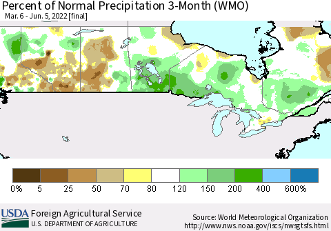 Canada Percent of Normal Precipitation 3-Month (WMO) Thematic Map For 3/6/2022 - 6/5/2022